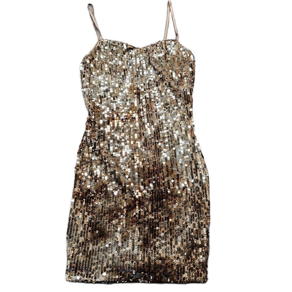 Charlotte Russe Bodycon Mini Dress Womens Medium Gold‎ Sequin Adjustable Straps